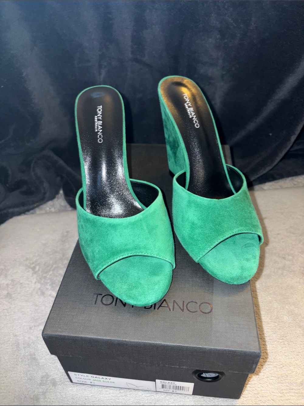 Tony Bianco Emerald Green Suede Open-Toe Mule Heels